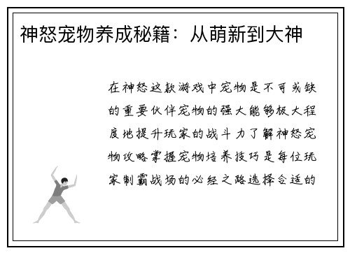 神怒宠物养成秘籍：从萌新到大神